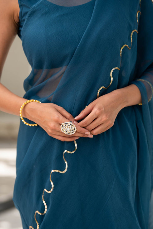 MULMUL BLUE-STAR CHIFFON SAREE MULMUL BLUE-STAR CHIFFON SAREE